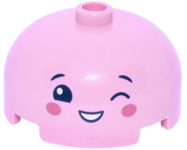 Brick, Round 3 x 3 x 1 1/3 Dome Top - Open Stud with Face with Dark Blue Eyebrows and Eyes, Winking Eye Left, Dark Pink Cheeks, Open Mouth Smile with Teeth Pattern