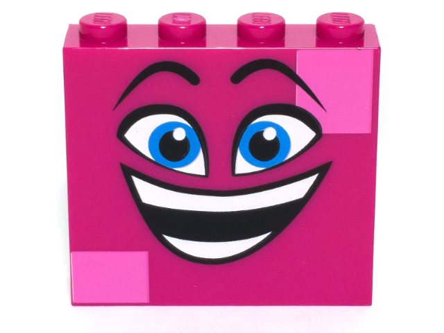 Brick 1 x 4 x 3 with Black Raised Eyebrows, Dark Azure Eyes, Open Mouth Smile with Teeth, and Dark Pink Squares Pattern (Queen Watevra Wa'Nabi Face)