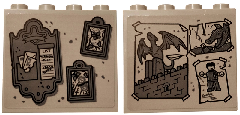 Brick 1 x 4 x 3 with Gray Paintings, Letter Holder with List, Drawings of Dragons, Zombie and Castle Pattern on Both Sides (Stickers) - Set 75810