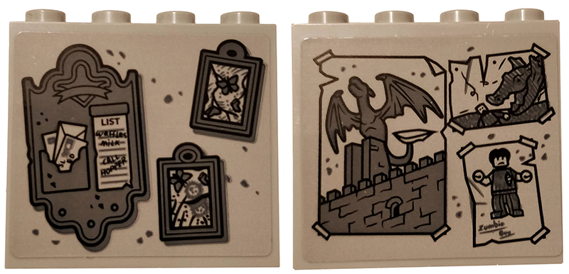 Brick 1 x 4 x 3 with Gray Paintings, Letter Holder with List, Drawings of Dragons, Zombie and Castle Pattern on Both Sides (Stickers) - Set 75810