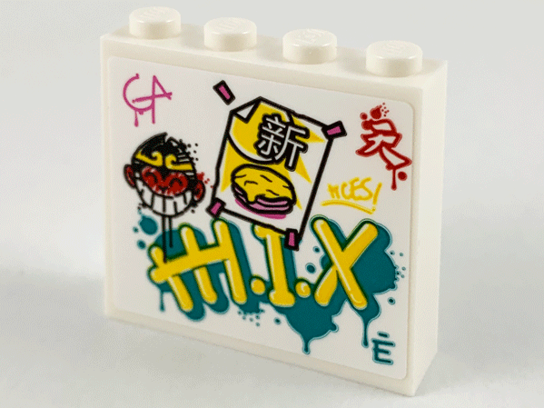 Brick 1 x 4 x 3 with Monkie Kid Logo, Graffiti and Taped Note with Chinese Logogram '新' (New) Pattern (Sticker) - Set 80012