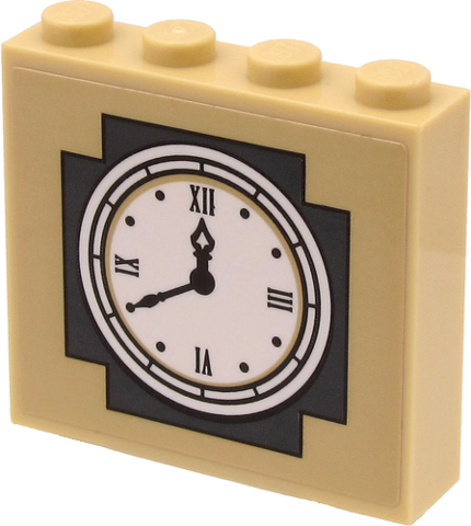 Brick 1 x 4 x 3 with White Town Hall Clock Face and Roman Numerals on Dark Bluish Gray and Tan Background Pattern (Sticker) - Set 60271