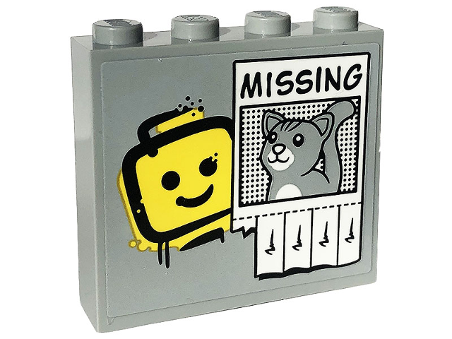 Brick 1 x 4 x 3 with Yellow Minifigure Head Graffiti, Black 'MISSING' and Light Bluish Gray Cat on Poster Pattern (Sticker) - Set 60319