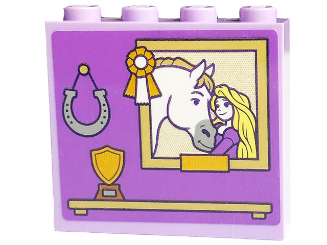 Brick 1 x 4 x 3 with Picture with White Horse and Rapunzel, Horseshoe, Bow, and Gold Cup on Shelf Pattern (Sticker) - Set 43195