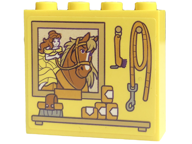 Brick 1 x 4 x 3 with Picture with Horse and Belle, Leash, and Brush on Shelf Pattern (Sticker) - Set 43195