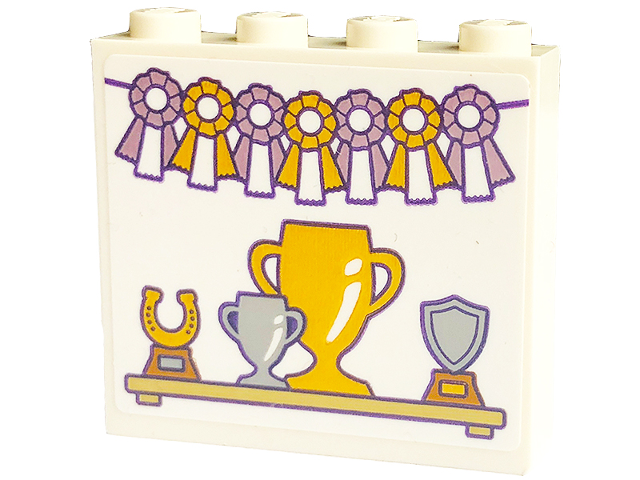 Brick 1 x 4 x 3 with Gold and Bright Pink Bows and Cups and Horseshoe on Shelf Pattern (Sticker) - Set 43195