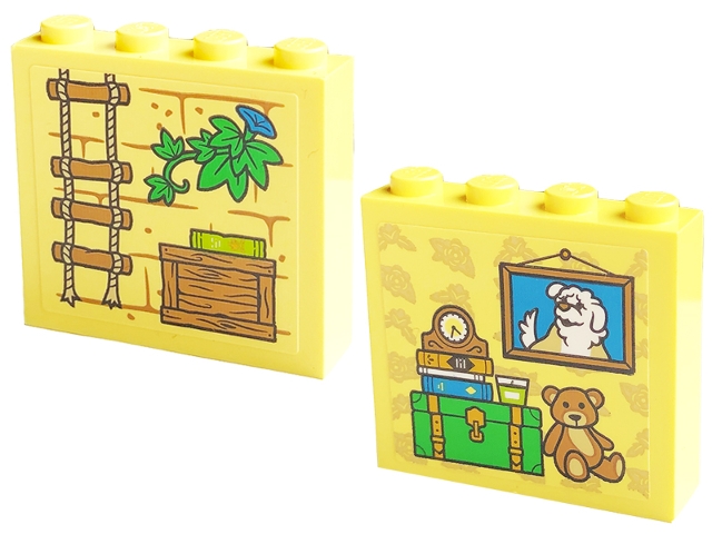 Brick 1 x 4 x 3 with Rope Ladder, Plant Leaves with Flower, Crate, Teddy Bear, Picture, Books and Clock Pattern on Both Sides (Stickers) - Set 43220