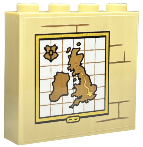 Brick 1 x 4 x 3 with White Map with Medium Nougat UK, Hogwarts Symbol / Shield and Lines with Gold Frame and Mortar Pattern (Sticker) - Set 76423