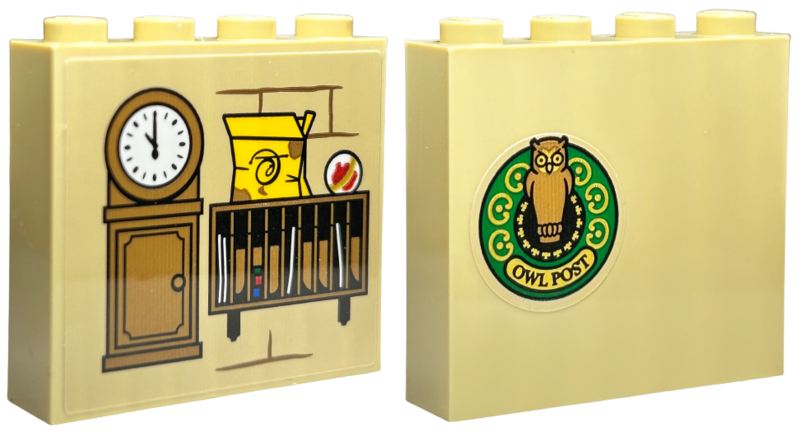 Brick 1 x 4 x 3 with Medium Nougat Grand Father Clock, File Organiser Cabinet, Yellow Box, Red Remembrall, Black 'Owl Post' Logo On Green Circle with Gold Ornate Border Pattern on Both Sides (Stickers) - Set 76423
