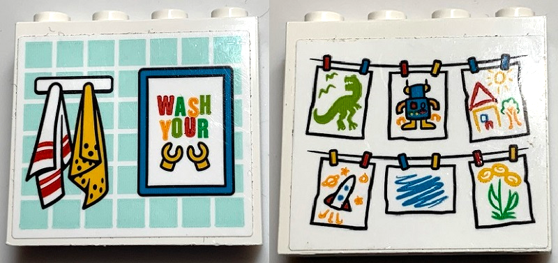 Brick 1 x 4 x 3 with Towels, Poster with 'WASH YOUR' and Minifigure Hands and Hanging Children's Paintings Pattern on Both Sides (Stickers) - Set 60291