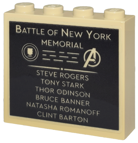 Brick 1 x 4 x 3 with 'BATTLE OF NEW YORK MEMORIAL', Avengers Logo and Names List Pattern (Sticker) - Set 76269