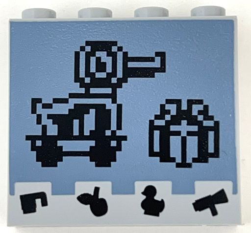 Brick 1 x 4 x 3 with Black Pixelated Duck on Wheels and Present / Gift on Sand Blue Background and Cup, Apple, Duckling, and Megaphone Icons Pattern