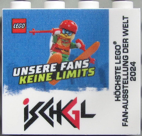 Brick 1 x 4 x 3 with LEGO and Ischgl Logos, 'UNSERE FANS KEINE LIMITS' and 'Höchste LEGO Fan-Ausstellung der Welt 2024' Pattern