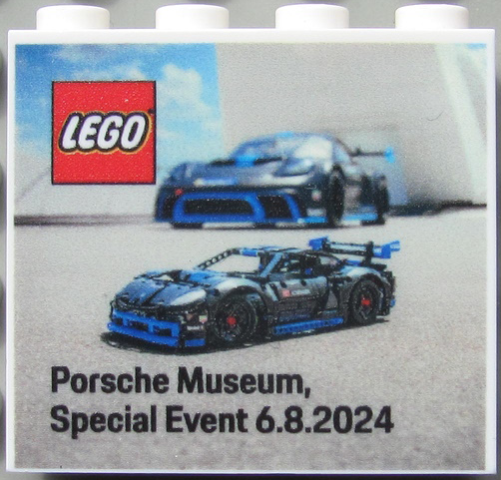 Brick 1 x 4 x 3 with LEGO Logo and 'Porsche Museum, Special Event 6.8.2024' Pattern