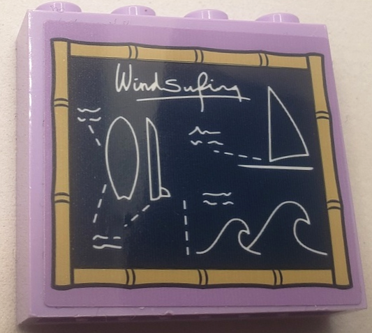 Brick 1 x 4 x 3 with Dark Blue Blackboard with White 'Windsurfing', Diagrams and Bamboo Border Pattern (Sticker) - Set 41710