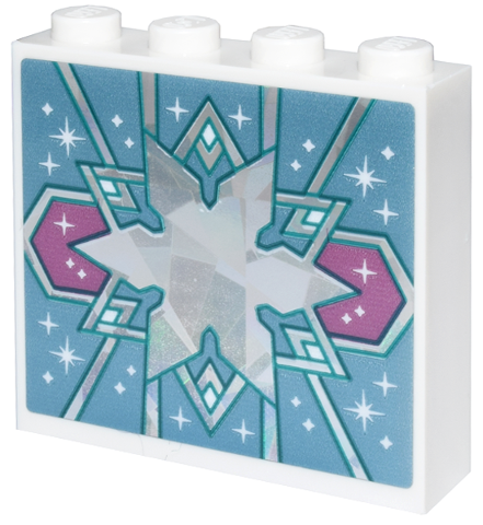 Brick 1 x 4 x 3 with Silver Holographic and Dark Turquoise Snowflake and Lines, Dark Pink Panel and White Sparkles Pattern (Sticker) - Set 43244