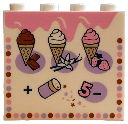 Brick 1 x 4 x 3 with Bright Pink, Lavender and Reddish Brown Dots on Edges, Tan Waffle Cones with Chocolate, Vanilla and Strawberry Ice Cream, Frosting Can and Number 5 Pattern