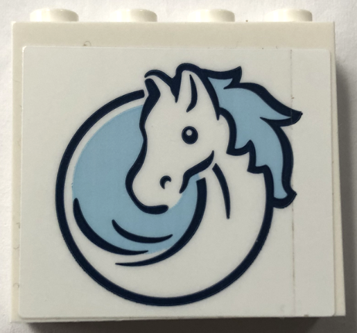 Brick 1 x 4 x 3 with Horse Head Outline with Bright Light Blue Mane in Dark Blue Circle Pattern (Sticker) - Set 60327