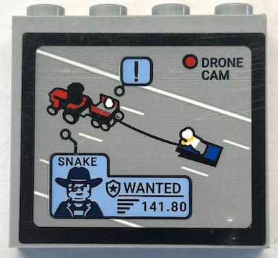 Brick 1 x 4 x 3 with Monitor Screen with 'DRONE CAM', 'SNAKE', 'WANTED', '141.80' and Red Tractor Pulling Minifigure Pattern (Sticker) - Set 60315