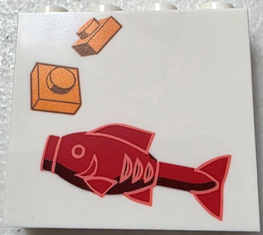 Brick 1 x 4 x 3 with Red Fish and 2 Orange 1 x 1 Plates Pattern