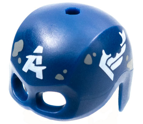 Minifigure, Headgear Helmet Mask, Hole on Top with White Letter A and Wings on Sides, Weathered with Dark Bluish Gray Splotches Pattern