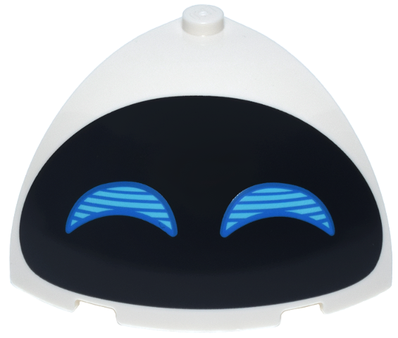 Brick, Round Corner 4 x 4 x 2 2/3 Dome Top with Black Oval, Medium Azure Crescent Moon Shaped Eyes with Blue Lines and Outline Pattern (EVE Face)