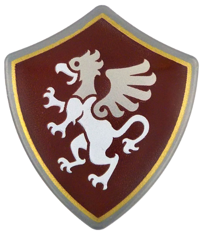 Minifigure, Shield Quadrilateral with White and Silver Griffin on Dark Red Background with Gold Border Pattern