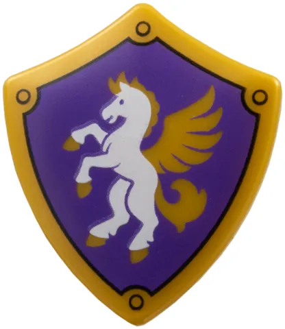 Minifigure, Shield Quadrilateral with White and Gold Pegasus on Dark Purple Background Pattern