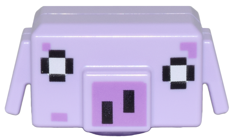 Minifigure, Head, Modified Cube with Ear Flaps with Pixelated Black and White Eyes and Medium Lavender Nose Pattern (Minecraft Blaze Runt)