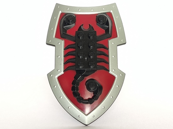Large Figure Shield, Knights Kingdom Lord Vladek with Scorpion on Dark Red Background and Silver Border Pattern