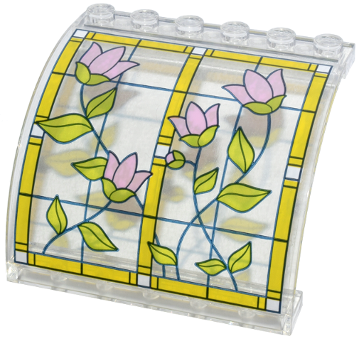 Panel 6 x 5 x 3 1/3 Curved Top with Stained Glass, Bright Light Orange Frame, Bright Pink Flowers and Lime Leaves Pattern Model Right Side (Sticker) - Set 42671