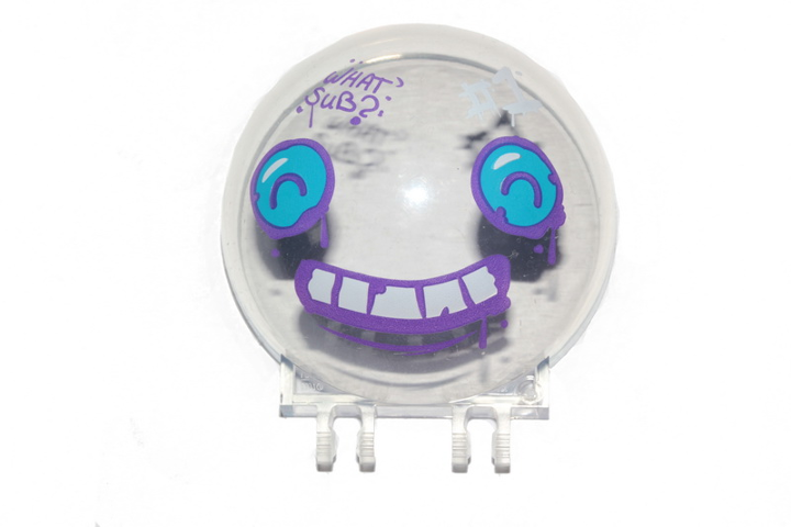 Windscreen 6 x 6 x 3 Canopy Dome Half Sphere with Dual 2 Fingers with Dark Azure Eyes, White Teeth with Dark Purple Outline, 'WHAT SUB?' and "#1" Pattern