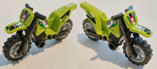 Motorcycle Dirt Bike with Black Chassis (Long Fairing Mounts) and Light Bluish Gray Wheels with Team Extreme Logo, '21' and Exhaust Pattern (Stickers) - Set 8896