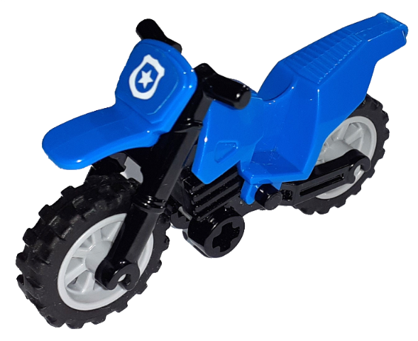 Motorcycle Dirt Bike with Black Chassis (Long Fairing Mounts) and Light Bluish Gray Wheels with White Police Star Badge on Blue Background Pattern (Sticker) - Sets 60170 / 60172