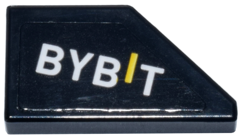 Tile, Modified 1 x 2 Wedge Left with White and Yellow 'BYBIT' Logo Pattern (Sticker) - Set 77243