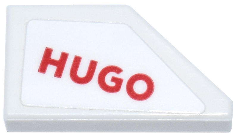Tile, Modified 1 x 2 Wedge Left with Red 'HUGO' Logo Pattern (Sticker) - Set 77246