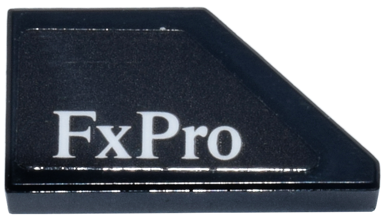 Tile, Modified 1 x 2 Wedge Left with White 'FxPro' Logo Pattern (Sticker) - Set 77251