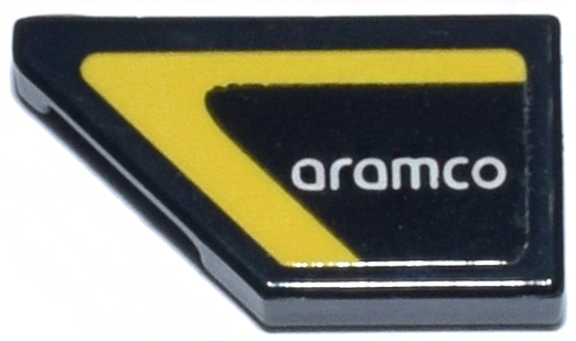 Tile, Modified 1 x 2 Wedge Left with White 'aramco' Logo and Yellow Stripe Border Pattern (Sticker) - Set 76925