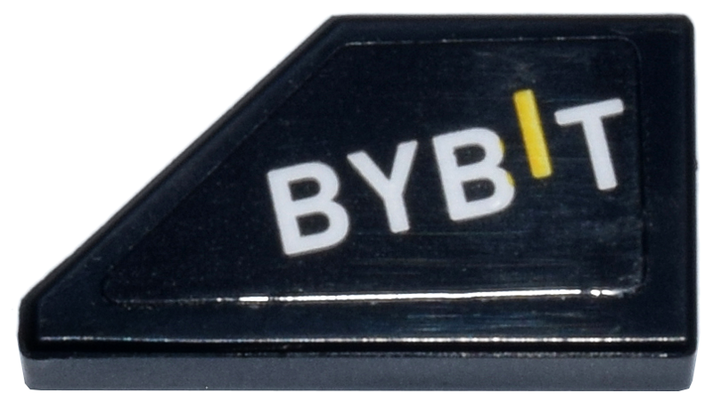 Tile, Modified 1 x 2 Wedge Right with White and Yellow 'BYBIT' Logo Pattern (Sticker) - Set 77243