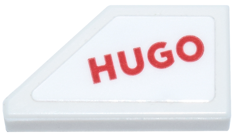 Tile, Modified 1 x 2 Wedge Right with Red 'HUGO' Logo Pattern (Sticker) - Set 77246