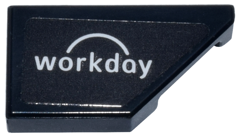 Tile, Modified 1 x 2 Wedge Right with White 'workday' and Semicircle Logo Pattern (Sticker) - Set 77251