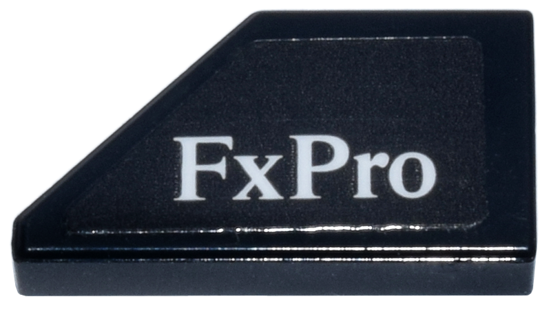 Tile, Modified 1 x 2 Wedge Right with White 'FxPro' Logo Pattern (Sticker) - Set 77251