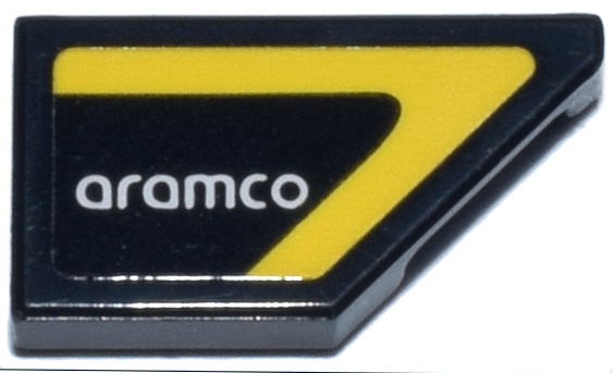 Tile, Modified 1 x 2 Wedge Right with White 'aramco' Logo and Yellow Stripe Border Pattern (Sticker) - Set 76925