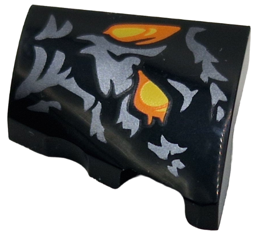 Wedge 2 x 2 x 2/3 Right with 2 Yellow and Orange Shapes and Dark Silver Markings Pattern (Balrog Face Left Half)
