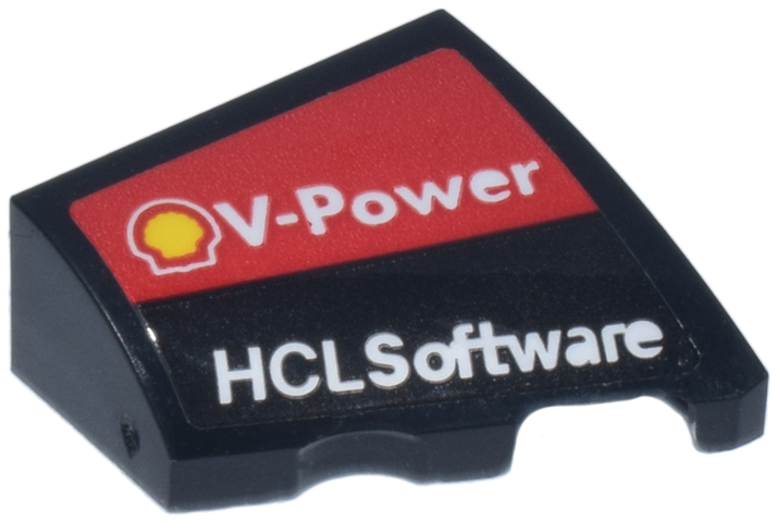 Wedge 2 x 2 x 2/3 Right with White 'V-Power' and Yellow Shell on Red Background and 'HCLSoftware' Logo Pattern (Sticker) - Set 77242