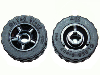 Wheel 11mm D. x 6mm with 5 Spokes with Black Tire 17.5mm D. x 6mm with Shallow Staggered Treads - Band Around Center of Tread (50944 / 92409)