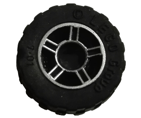 Wheel 11mm D. x 6mm with 5 Spokes with Silver Outline Pattern with Black Tire 17.5mm D. x 6mm with Shallow Staggered Treads (50944pb01 / 42611)