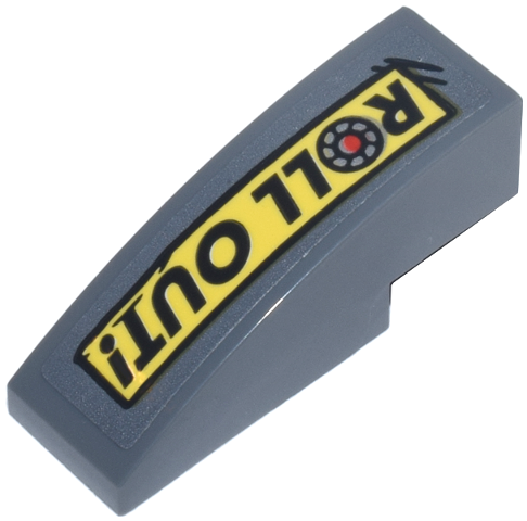 Slope, Curved 3 x 1 with Black 'ROLL OUT!' and Red and Silver Wheel on Yellow Bumper Sticker Pattern (Sticker) - Set 10338