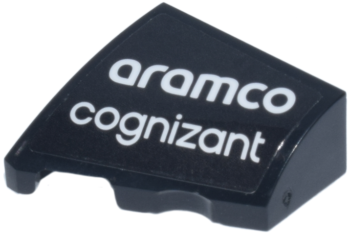 Wedge 2 x 2 x 2/3 Left with White 'aramco' and 'cognizant' Logo Pattern (Sticker) - Sets 76925 / 77245