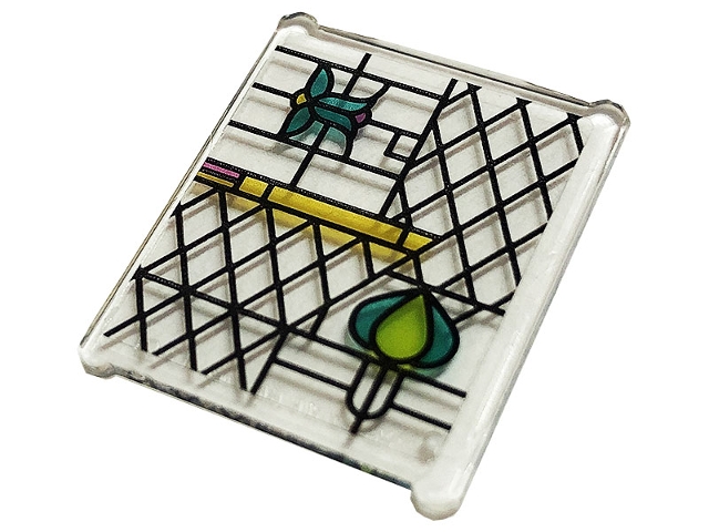 Glass for Window 1 x 3 x 3 Flat Front with Dark Pink, Dark Turquoise, Lime and Yellow Stained Glass and Black Lattice Pattern (Sticker) - Set 75980